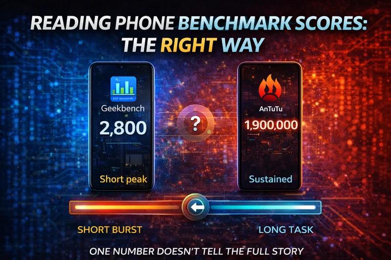 Smartphone benchmark comparison showing Geekbench and AnTuTu scores and the difference between peak and sustained performance.