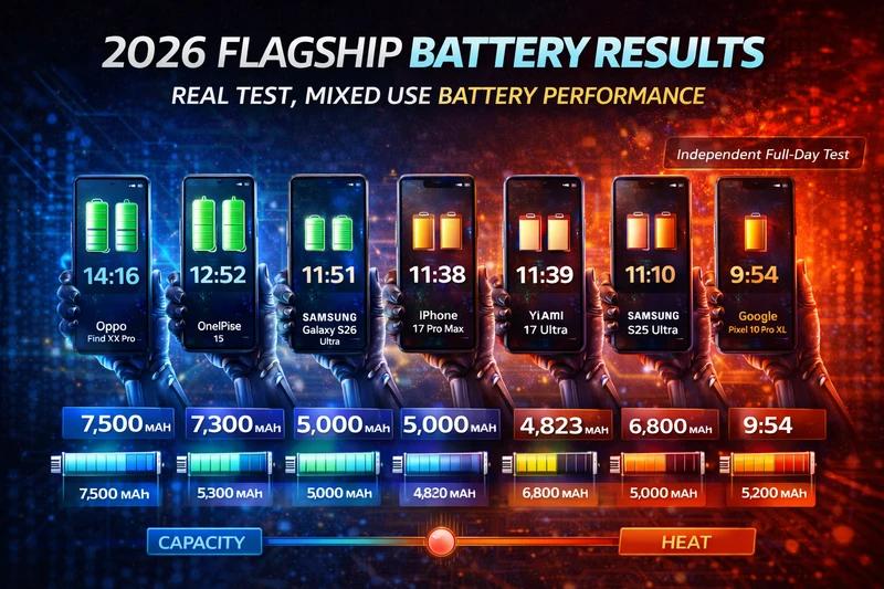 Graphic showing 2026 flagship phone battery test results with endurance rankings and battery capacities.